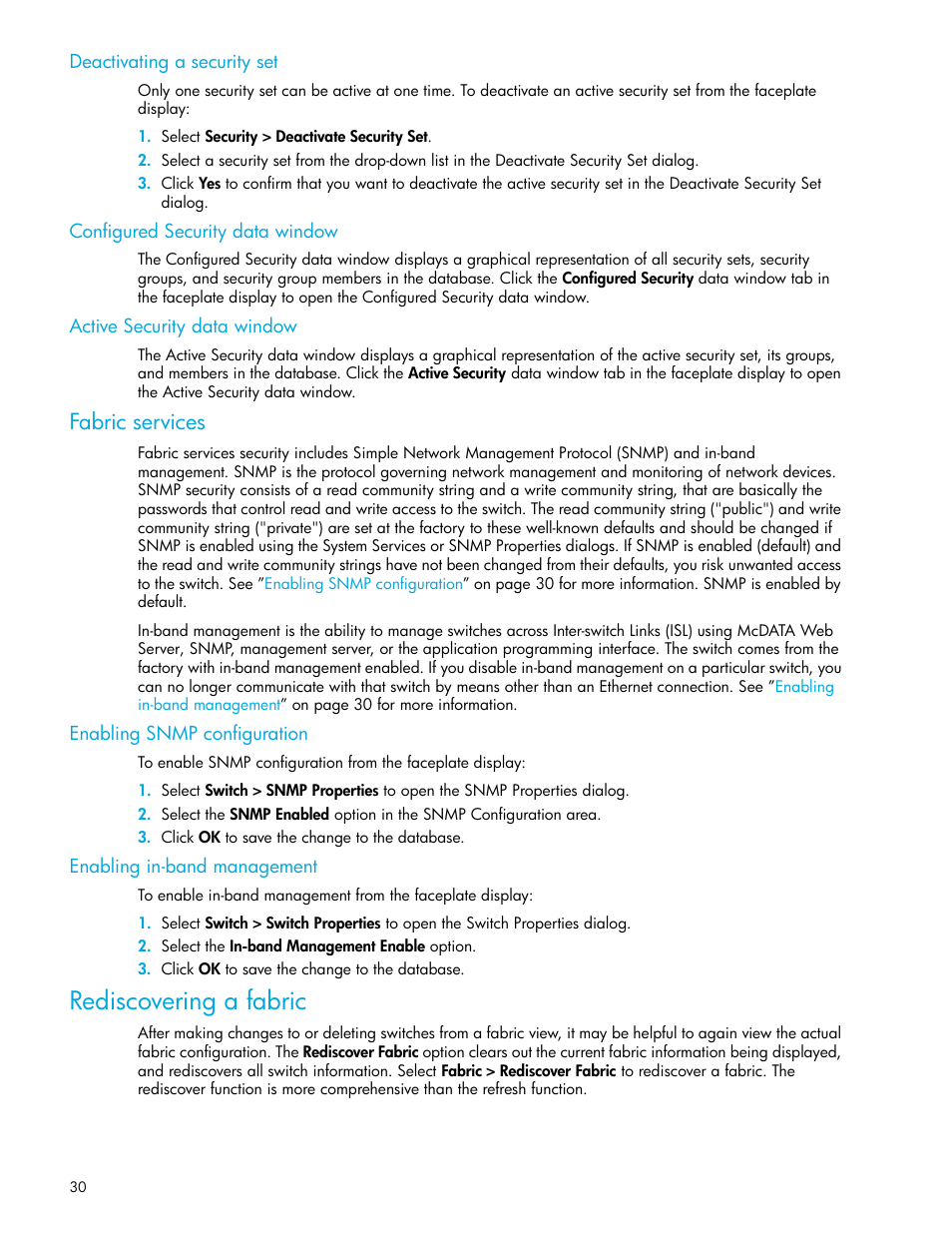 Deactivating a security set, Configured security data window, Active security data window | Fabric services, Enabling snmp configuration, Enabling in-band management, Rediscovering a fabric | HP McDATA 4Gb SAN Switch for HP BladeSystem p-Class User Manual | Page 30 / 104