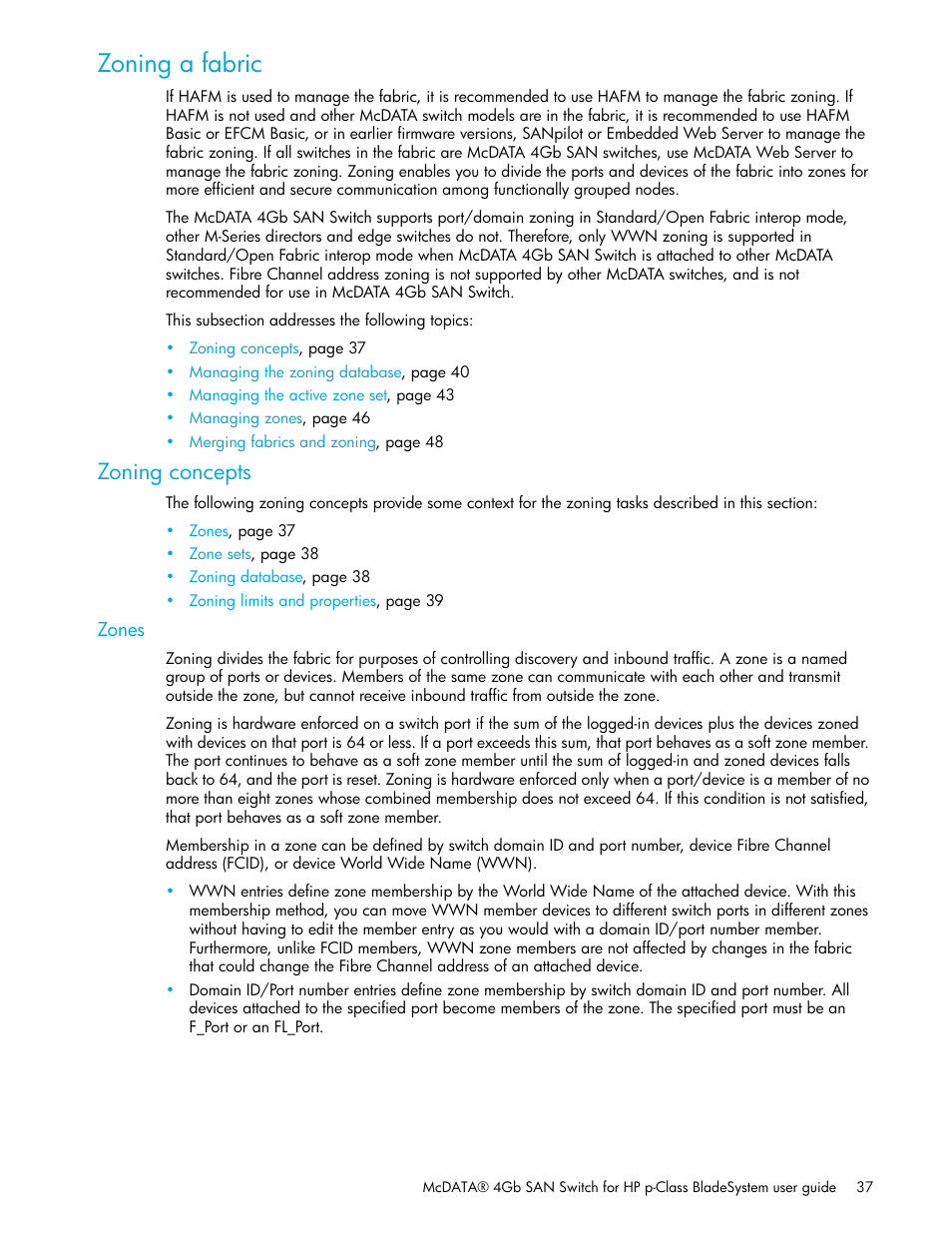 Zoning a fabric, Zoning concepts, Zones | HP McDATA 4Gb SAN Switch for HP BladeSystem p-Class User Manual | Page 37 / 104