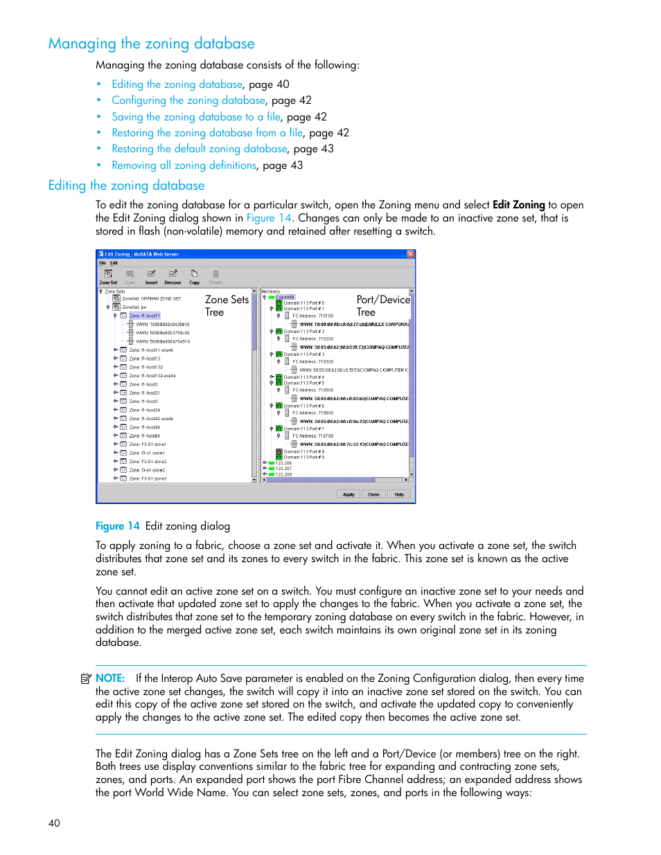 Managing the zoning database, Editing the zoning database, Figure 14 edit zoning dialog | 14 edit zoning dialog | HP McDATA 4Gb SAN Switch for HP BladeSystem p-Class User Manual | Page 40 / 104