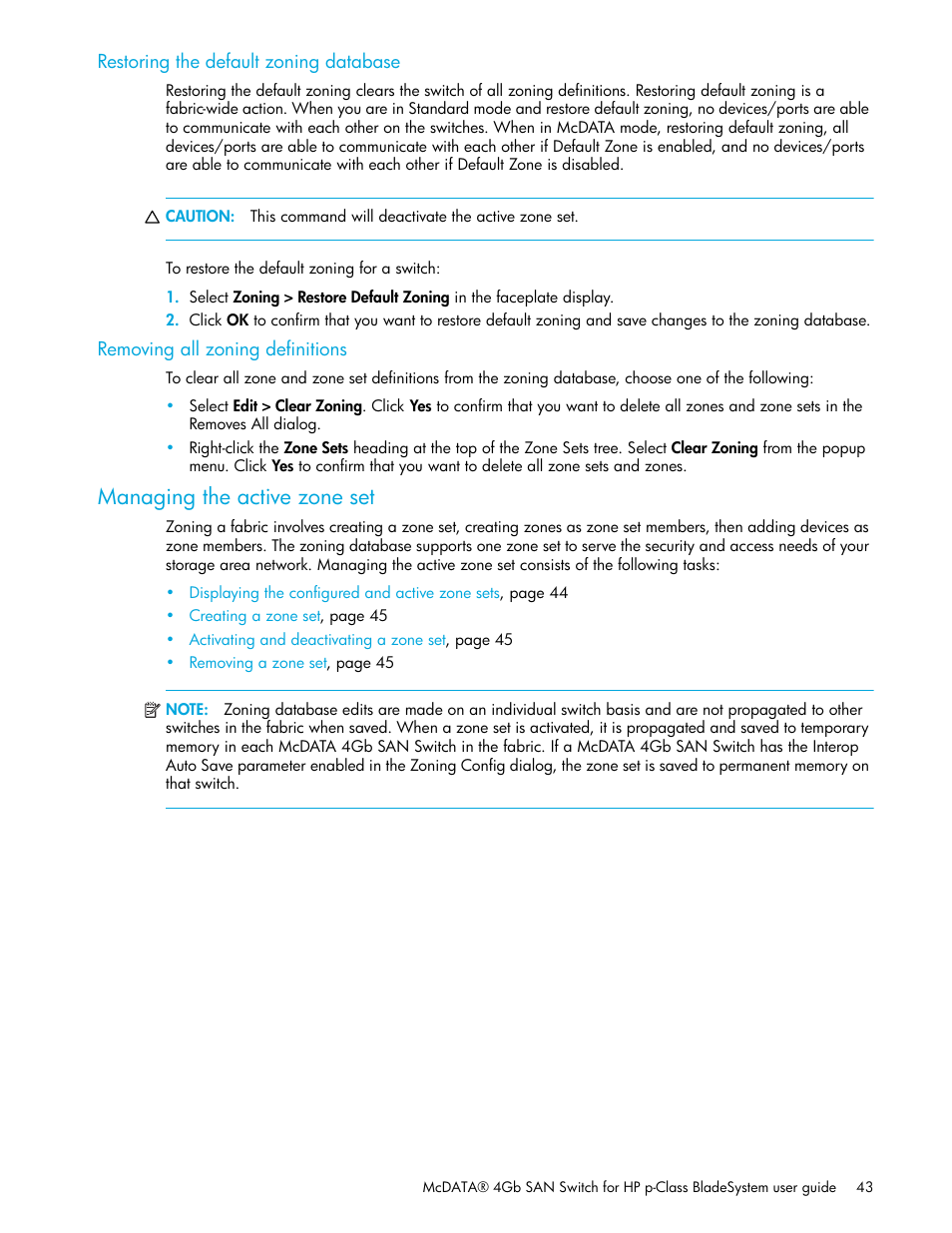 Restoring the default zoning database, Removing all zoning definitions, Managing the active zone set | HP McDATA 4Gb SAN Switch for HP BladeSystem p-Class User Manual | Page 43 / 104