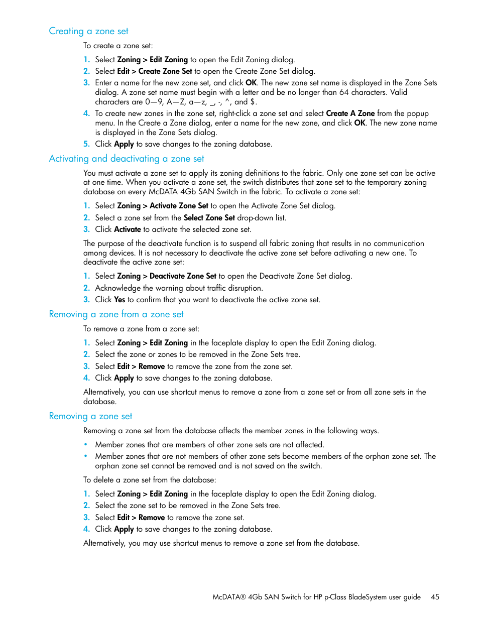 Creating a zone set, Activating and deactivating a zone set, Removing a zone from a zone set | Removing a zone set | HP McDATA 4Gb SAN Switch for HP BladeSystem p-Class User Manual | Page 45 / 104