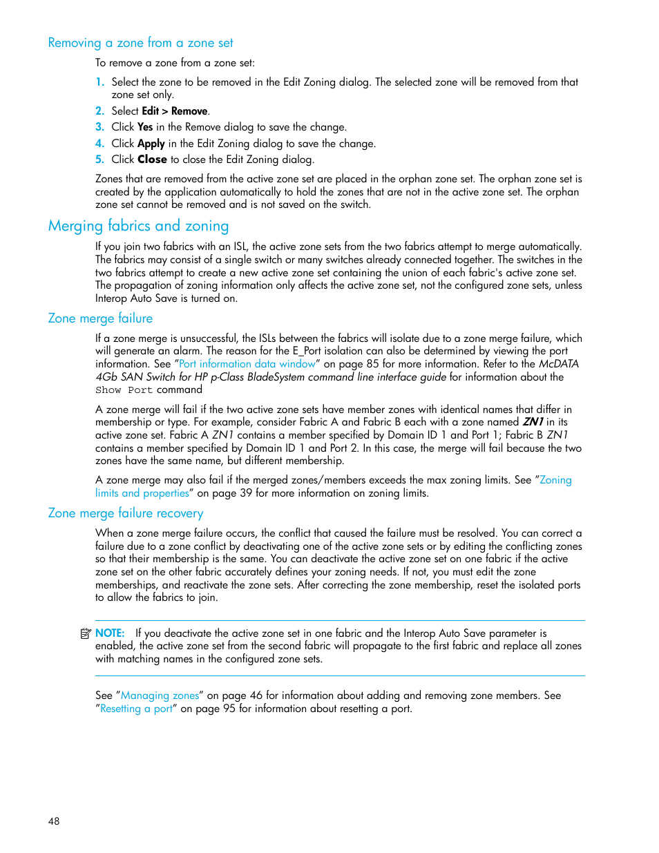 Removing a zone from a zone set, Merging fabrics and zoning, Zone merge failure | Zone merge failure recovery, Zone merge failure zone merge failure recovery | HP McDATA 4Gb SAN Switch for HP BladeSystem p-Class User Manual | Page 48 / 104