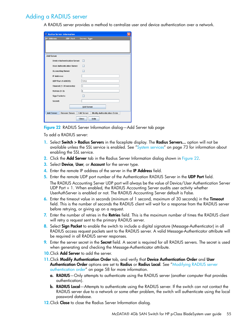 Adding a radius server | HP McDATA 4Gb SAN Switch for HP BladeSystem p-Class User Manual | Page 55 / 104