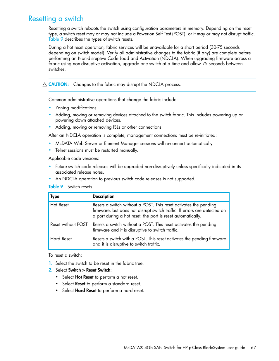 Resetting a switch, Table 9 switch resets, 9 switch resets | HP McDATA 4Gb SAN Switch for HP BladeSystem p-Class User Manual | Page 67 / 104