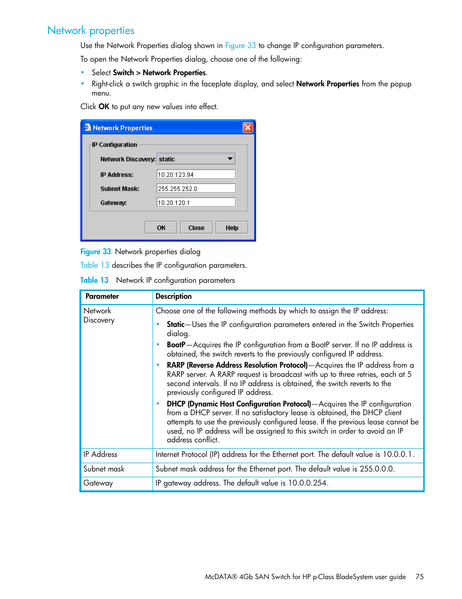 Network properties, Figure 33 network properties dialog, Table 13 network ip configuration parameters | 33 network properties dialog, 13 network ip configuration parameters | HP McDATA 4Gb SAN Switch for HP BladeSystem p-Class User Manual | Page 75 / 104