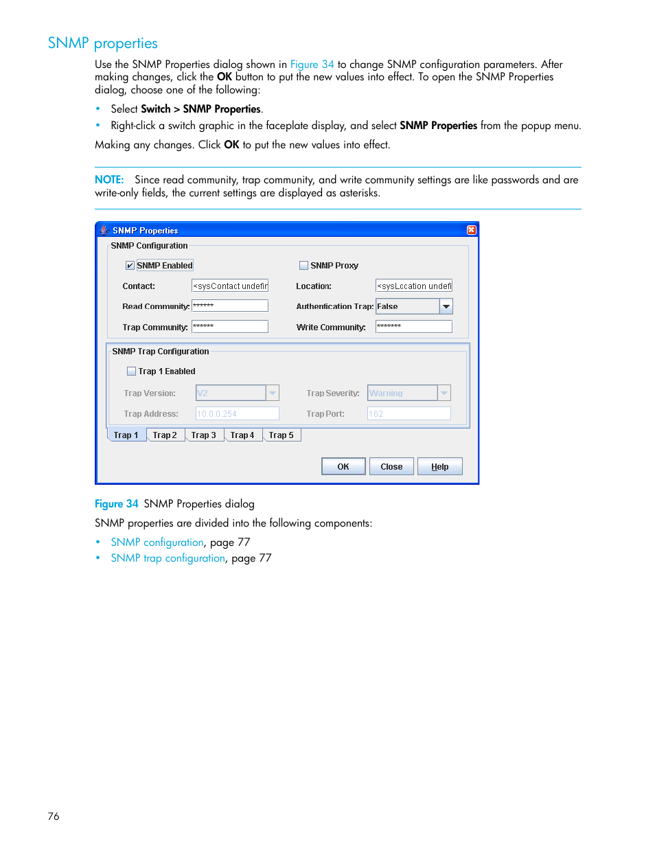 Snmp properties, Figure 34 snmp properties dialog, 34 snmp properties dialog | HP McDATA 4Gb SAN Switch for HP BladeSystem p-Class User Manual | Page 76 / 104