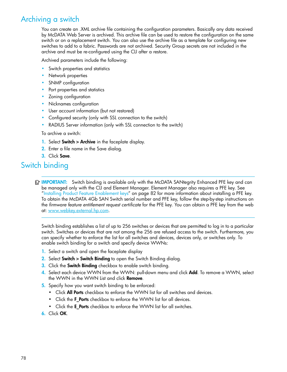 Archiving a switch, Switch binding, Archiving a switch switch binding | HP McDATA 4Gb SAN Switch for HP BladeSystem p-Class User Manual | Page 78 / 104