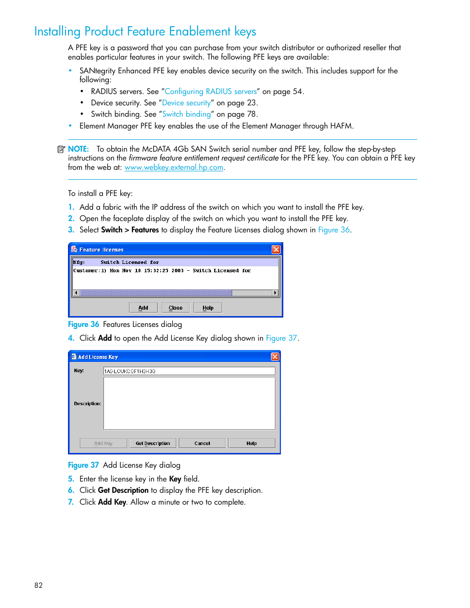 Installing product feature enablement keys, Figure 36 features licenses dialog, Figure 37 add license key dialog | HP McDATA 4Gb SAN Switch for HP BladeSystem p-Class User Manual | Page 82 / 104