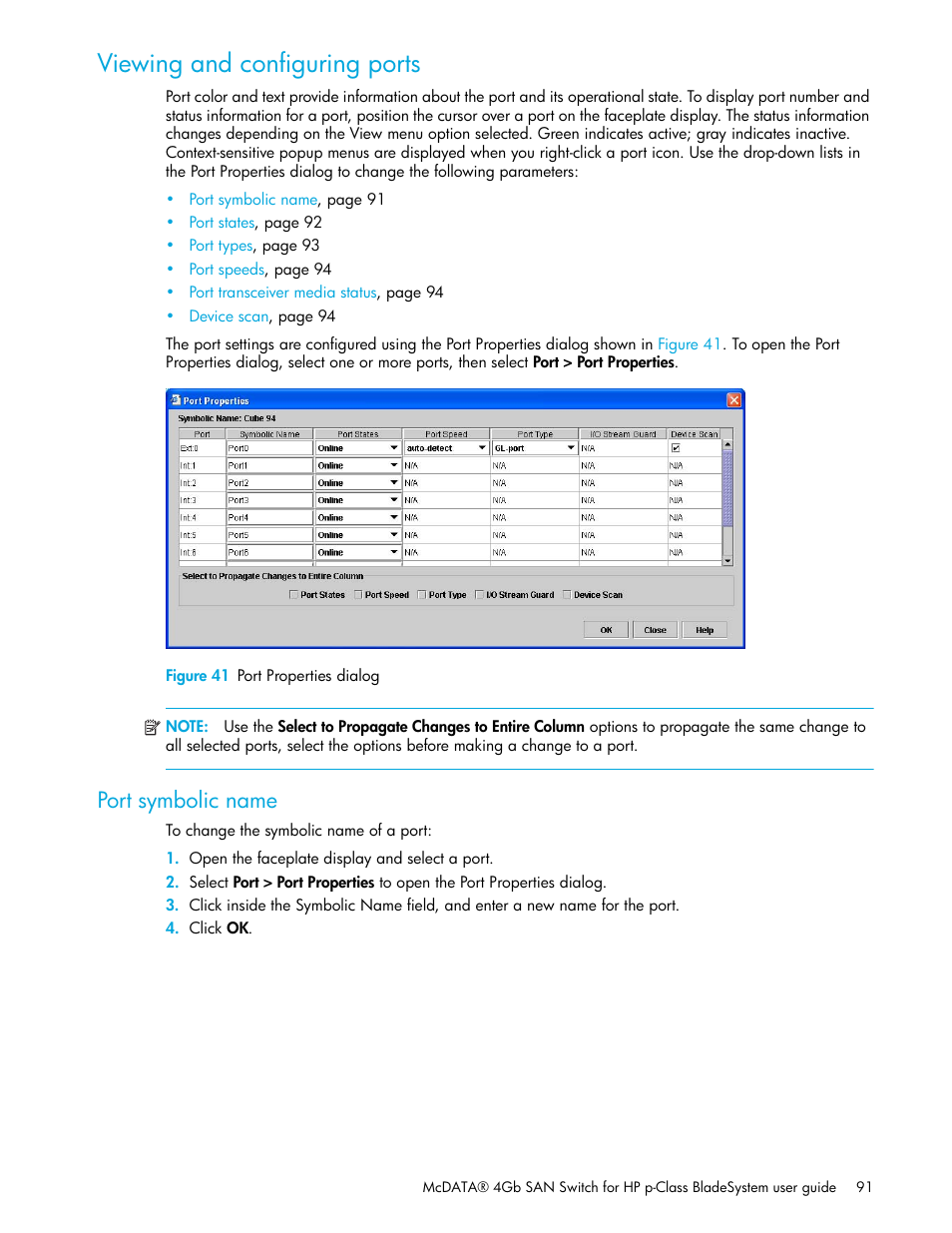 Viewing and configuring ports, Figure 41 port properties dialog, Port symbolic name | 41 port properties dialog, Viewing and, Configuring ports | HP McDATA 4Gb SAN Switch for HP BladeSystem p-Class User Manual | Page 91 / 104