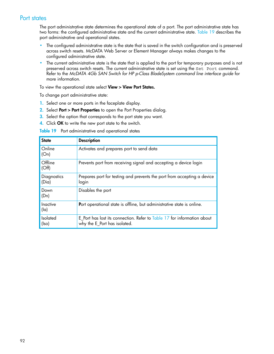 Port states, 19 port administrative and operational states | HP McDATA 4Gb SAN Switch for HP BladeSystem p-Class User Manual | Page 92 / 104