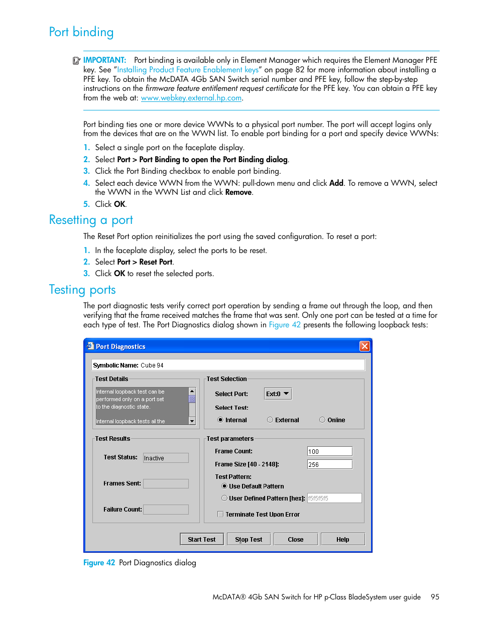 Port binding, Resetting a port, Testing ports | Figure 42 port diagnostics dialog, Port binding resetting a port testing ports, 42 port diagnostics dialog | HP McDATA 4Gb SAN Switch for HP BladeSystem p-Class User Manual | Page 95 / 104