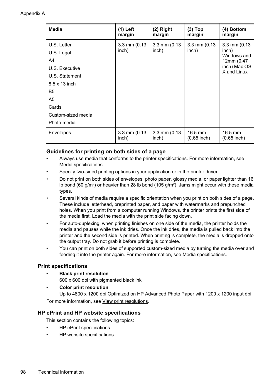Print specifications, Hp eprint and hp website specifications | HP Officejet Pro 8100 ePrinter - N811a N811d User Manual | Page 102 / 152