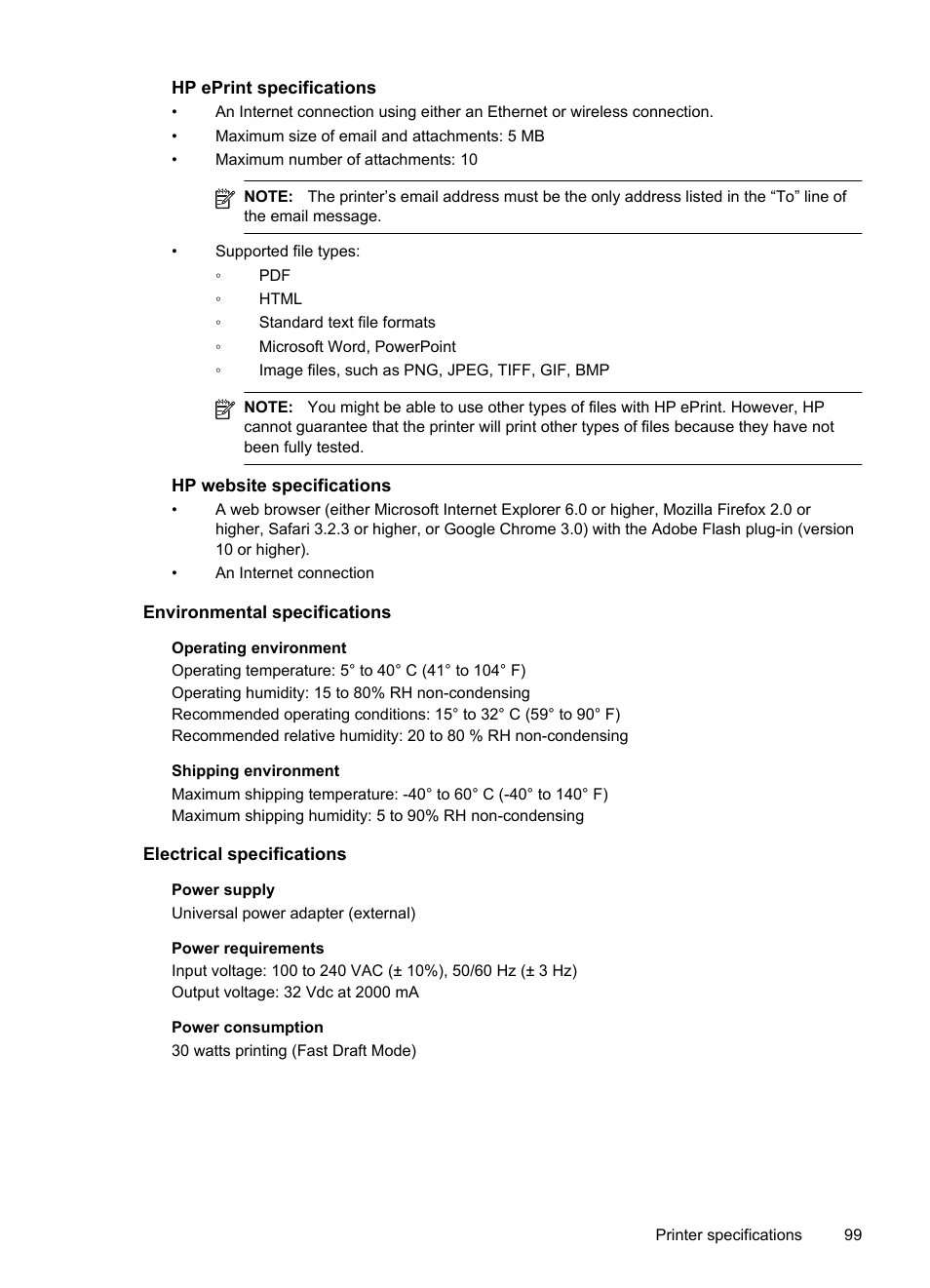 Hp eprint specifications, Hp website specifications, Environmental specifications | Electrical specifications, See hp eprint specifications | HP Officejet Pro 8100 ePrinter - N811a N811d User Manual | Page 103 / 152