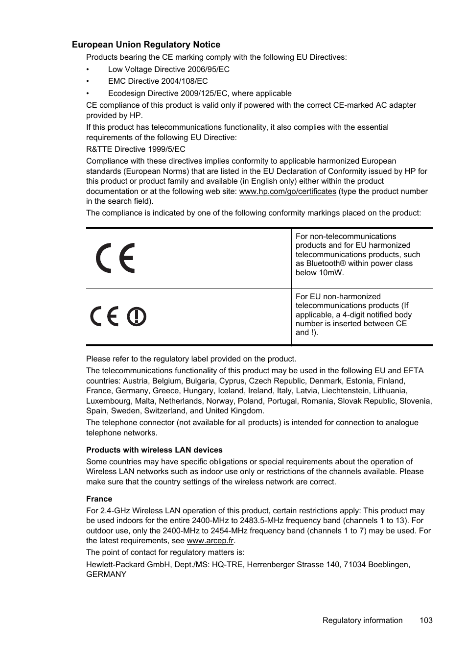 European union regulatory notice | HP Officejet Pro 8100 ePrinter - N811a N811d User Manual | Page 107 / 152
