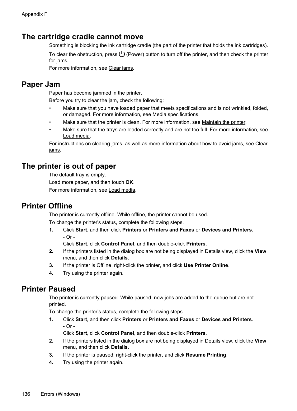 The cartridge cradle cannot move, Paper jam, The printer is out of paper | Printer offline, Printer paused | HP Officejet Pro 8100 ePrinter - N811a N811d User Manual | Page 140 / 152