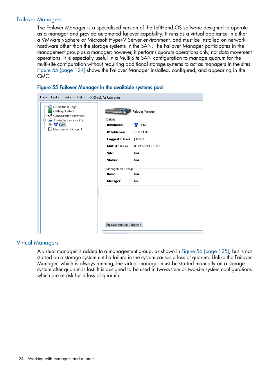 Failover managers, Virtual managers | HP StoreVirtual 4000 Storage User Manual | Page 124 / 288