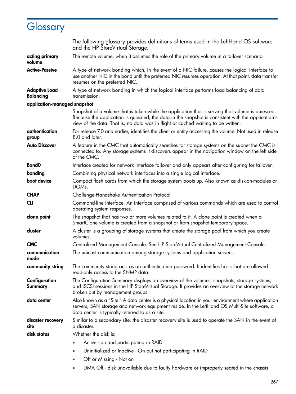 Glossary | HP StoreVirtual 4000 Storage User Manual | Page 267 / 288