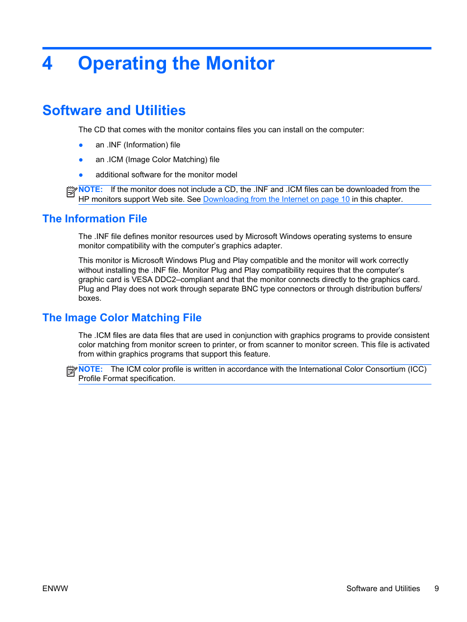 Operating the monitor, Software and utilities, The information file | The image color matching file, 4 operating the monitor, The information file the image color matching file, 4operating the monitor | HP Elite L2201x 21.5-inch LED Backlit LCD Monitor User Manual | Page 15 / 28