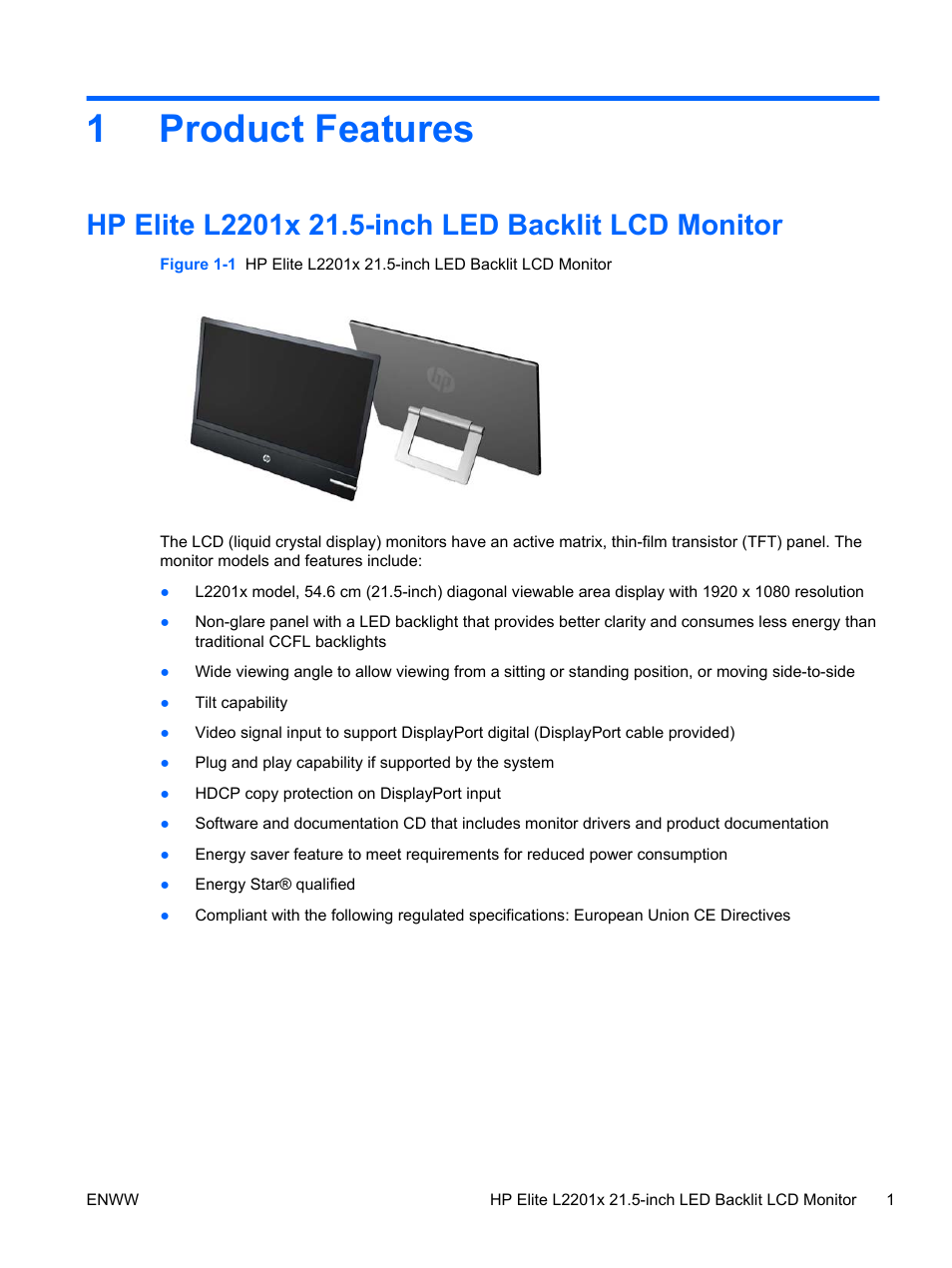 Product features, Hp elite l2201x 21.5-inch led backlit lcd monitor, 1 product features | 1product features | HP Elite L2201x 21.5-inch LED Backlit LCD Monitor User Manual | Page 7 / 28