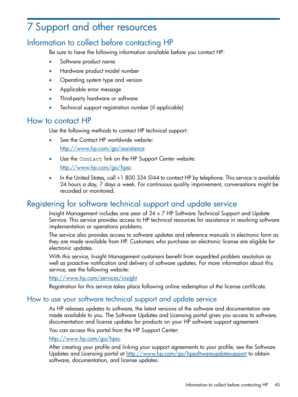 7 support and other resources, Information to collect before contacting hp, How to contact hp | HP Insight Control User Manual | Page 45 / 75