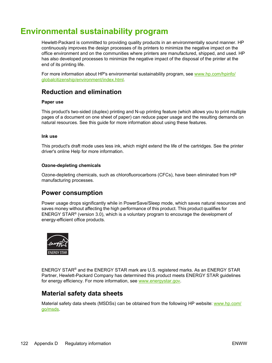 Environmental sustainability program, Reduction and elimination, Power consumption | Material safety data sheets | HP Officejet Pro K550 Printer User Manual | Page 130 / 138