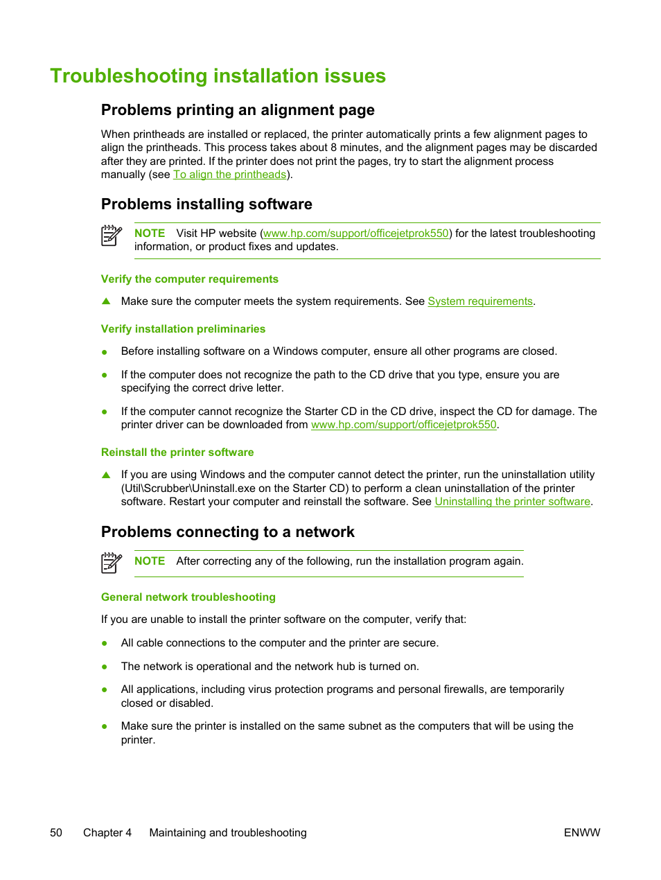 Troubleshooting installation issues, Problems installing software, Problems connecting to a network | Problems printing an alignment page | HP Officejet Pro K550 Printer User Manual | Page 58 / 138