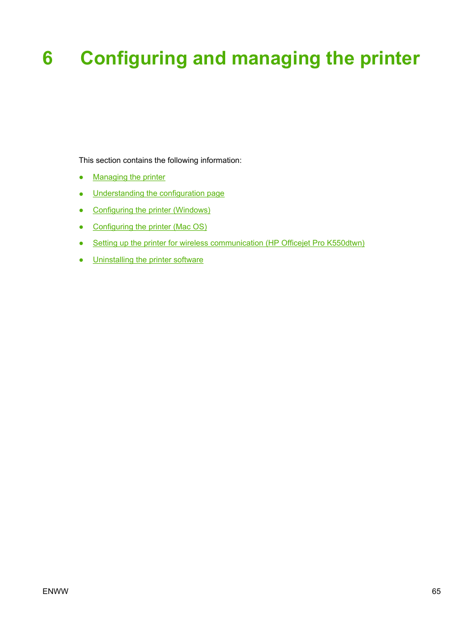 Configuring and managing the printer, 6 configuring and managing the printer, 6configuring and managing the printer | HP Officejet Pro K550 Printer User Manual | Page 73 / 138
