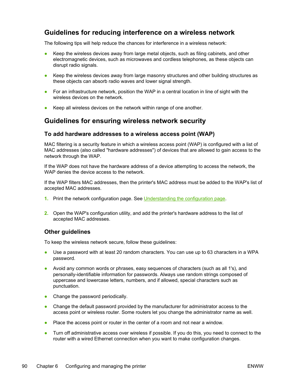 Guidelines for ensuring wireless network security, To add hardware addresses to, A wireless access point (wap) | HP Officejet Pro K550 Printer User Manual | Page 98 / 138