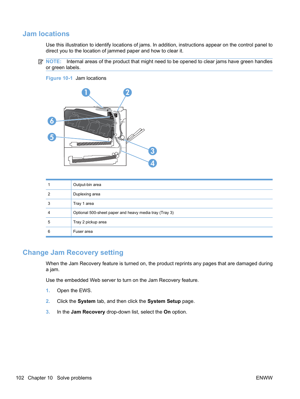 Jam locations, Change jam recovery setting, Jam locations change jam recovery setting | HP Color LaserJet Professional CP5225 Printer series User Manual | Page 114 / 168