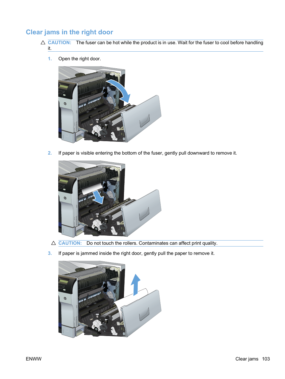Clear jams in the right door | HP Color LaserJet Professional CP5225 Printer series User Manual | Page 115 / 168