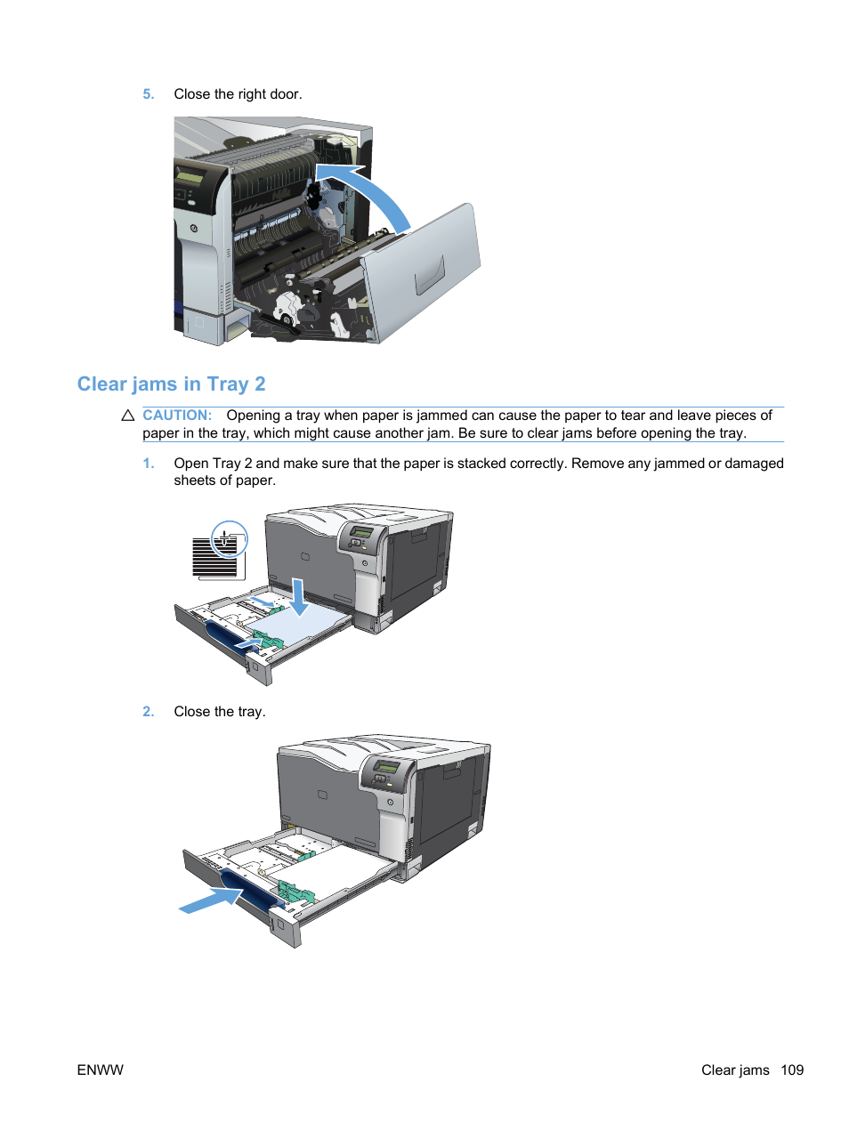 Clear jams in tray 2 | HP Color LaserJet Professional CP5225 Printer series User Manual | Page 121 / 168