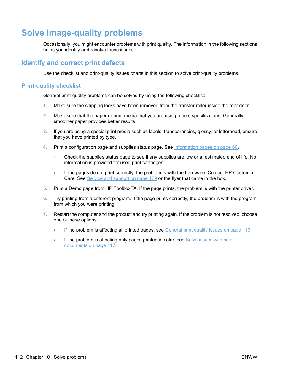 Solve image-quality problems, Identify and correct print defects, Print-quality checklist | HP Color LaserJet Professional CP5225 Printer series User Manual | Page 124 / 168