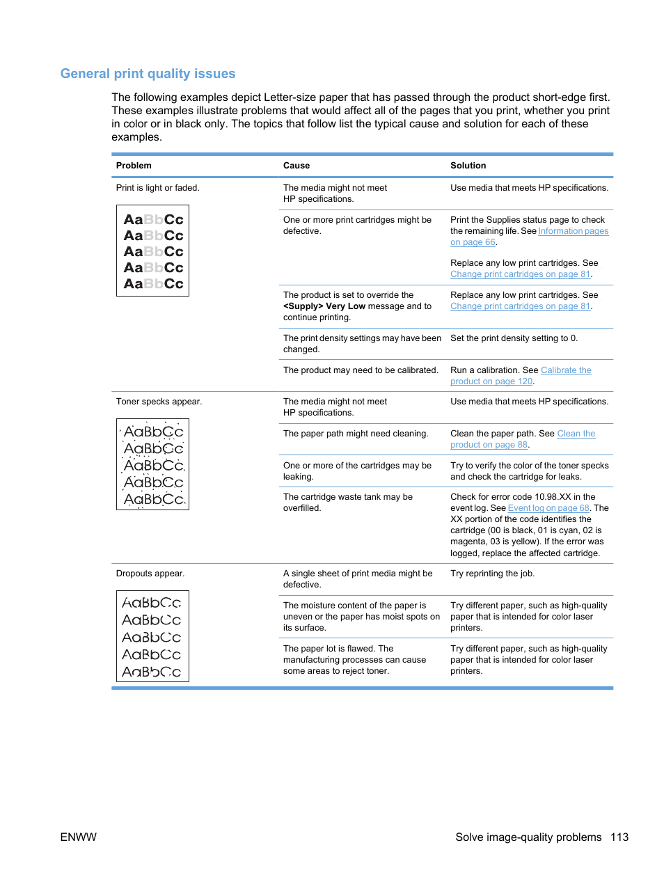 General print quality issues, Enww solve image-quality problems 113 | HP Color LaserJet Professional CP5225 Printer series User Manual | Page 125 / 168