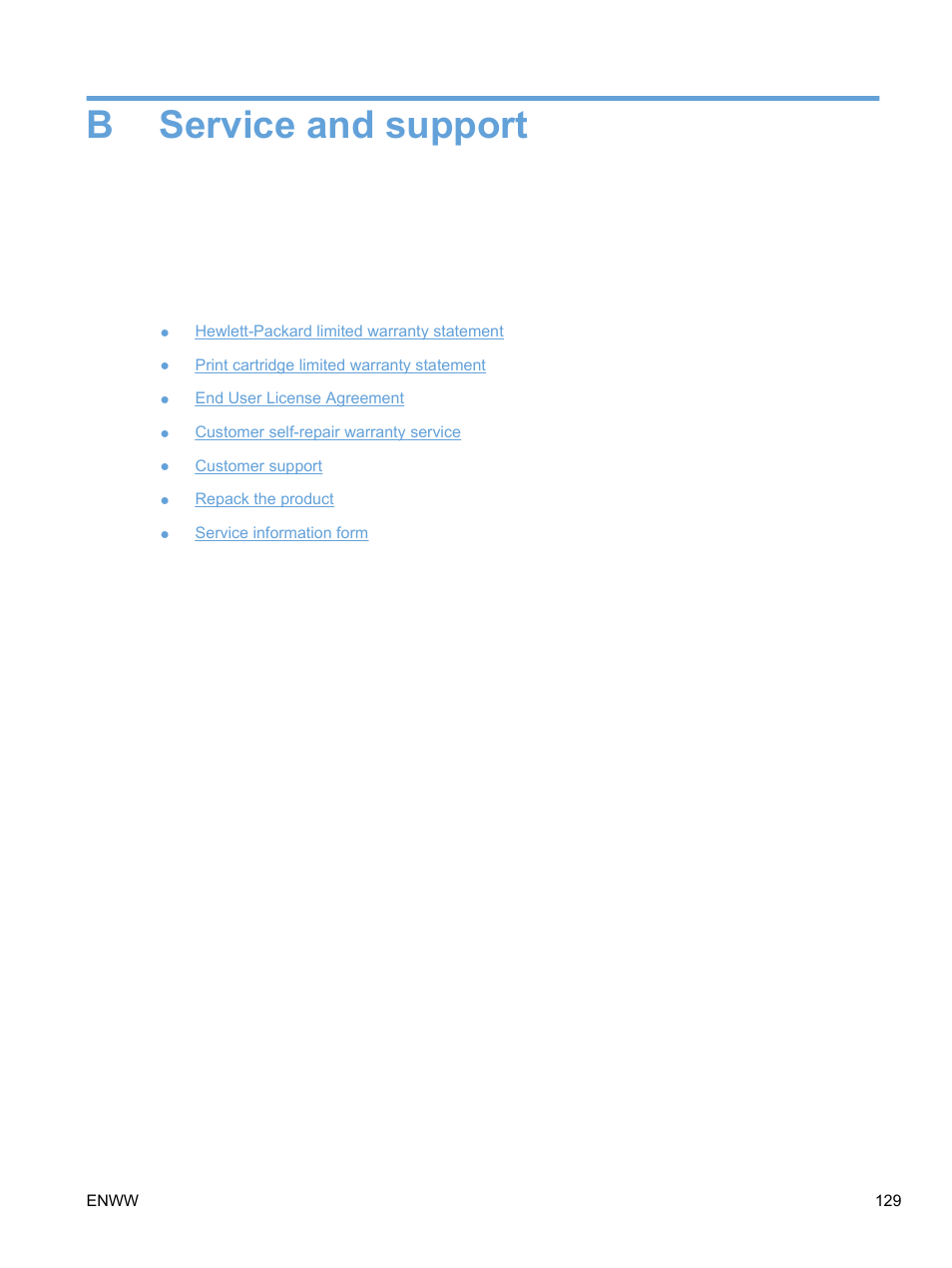 Service and support, Appendix b service and support, Service | Service and, Bservice and support | HP Color LaserJet Professional CP5225 Printer series User Manual | Page 141 / 168