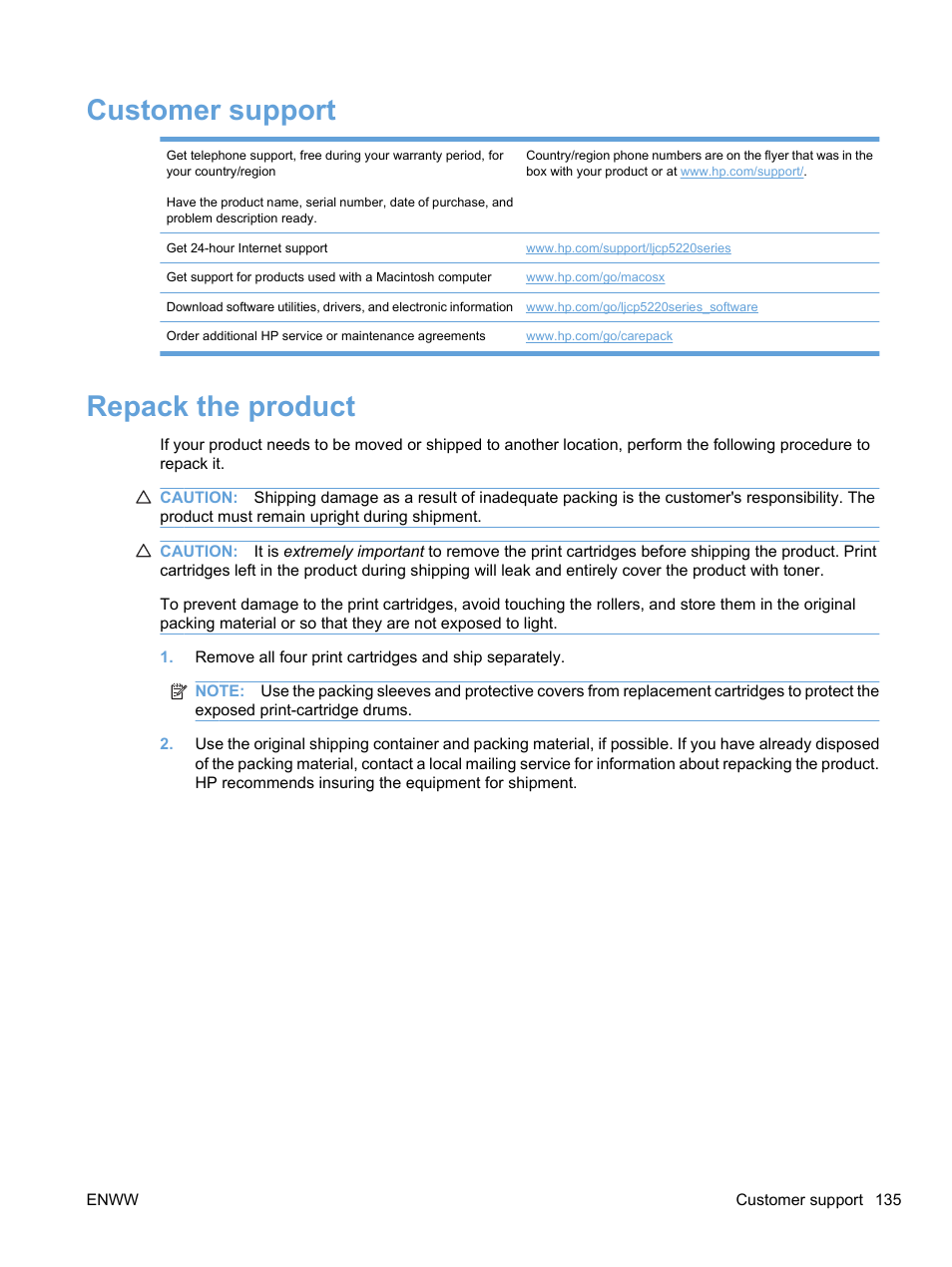 Customer support, Repack the product, Customer support repack the product | HP Color LaserJet Professional CP5225 Printer series User Manual | Page 147 / 168