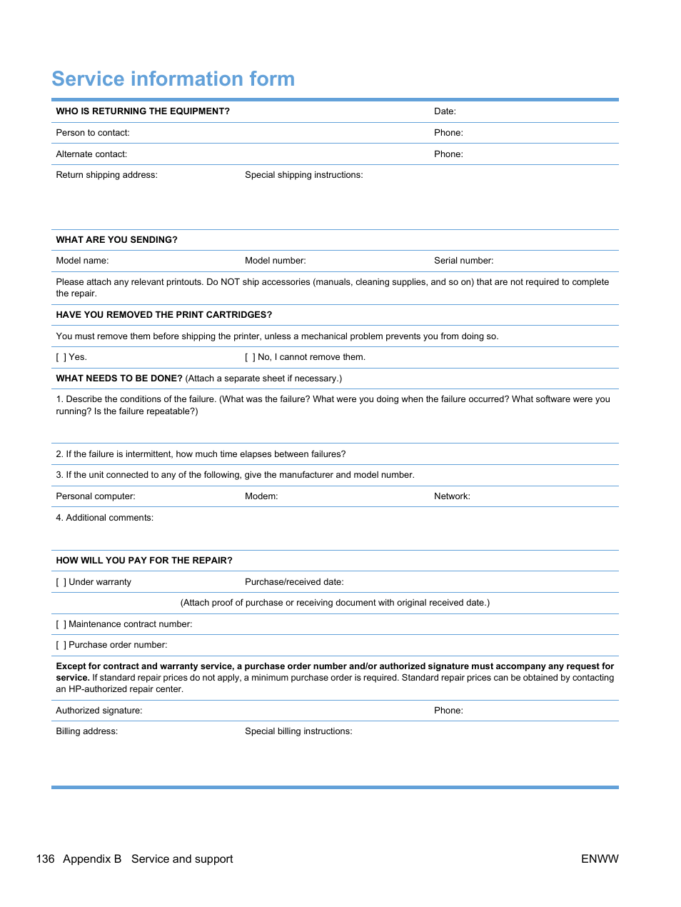 Service information form, 136 appendix b service and support enww | HP Color LaserJet Professional CP5225 Printer series User Manual | Page 148 / 168