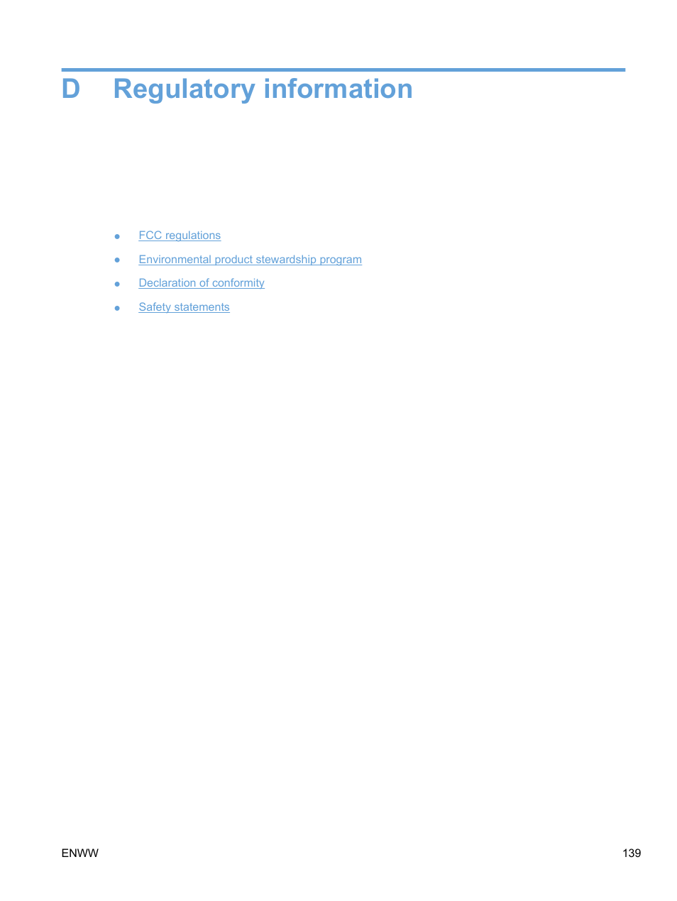Regulatory information, Appendix d regulatory information, Dregulatory information | HP Color LaserJet Professional CP5225 Printer series User Manual | Page 151 / 168