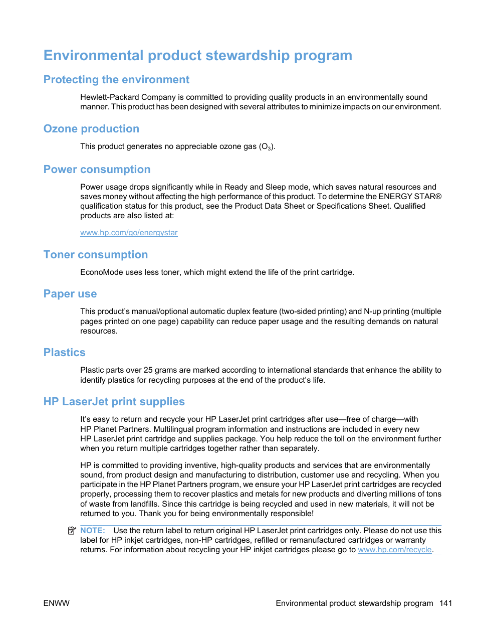 Environmental product stewardship program, Protecting the environment, Ozone production | Power consumption, Toner consumption, Paper use, Plastics, Hp laserjet print supplies | HP Color LaserJet Professional CP5225 Printer series User Manual | Page 153 / 168