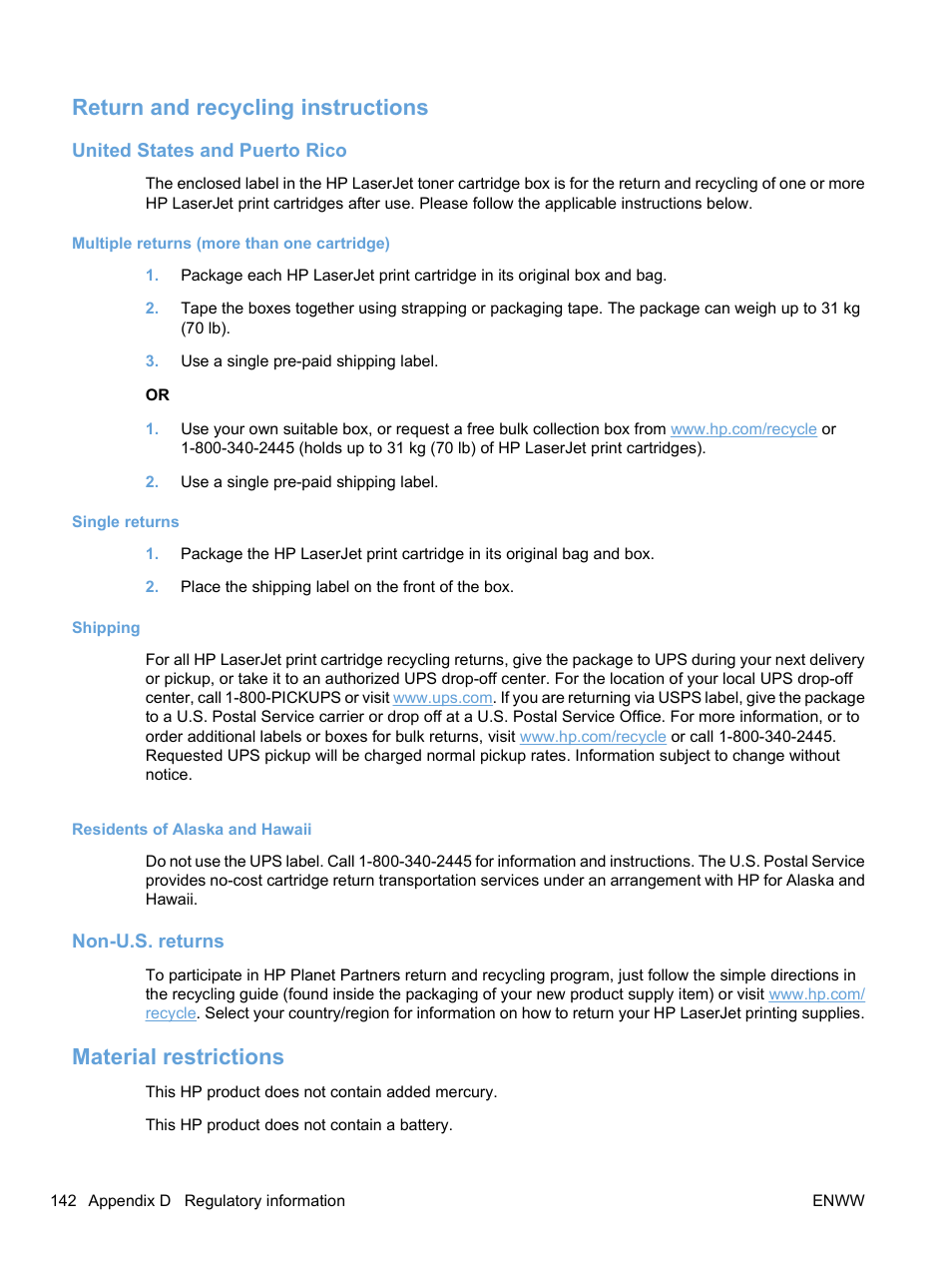Return and recycling instructions, United states and puerto rico, Multiple returns (more than one cartridge) | Single returns, Shipping, Residents of alaska and hawaii, Non-u.s. returns, Material restrictions | HP Color LaserJet Professional CP5225 Printer series User Manual | Page 154 / 168