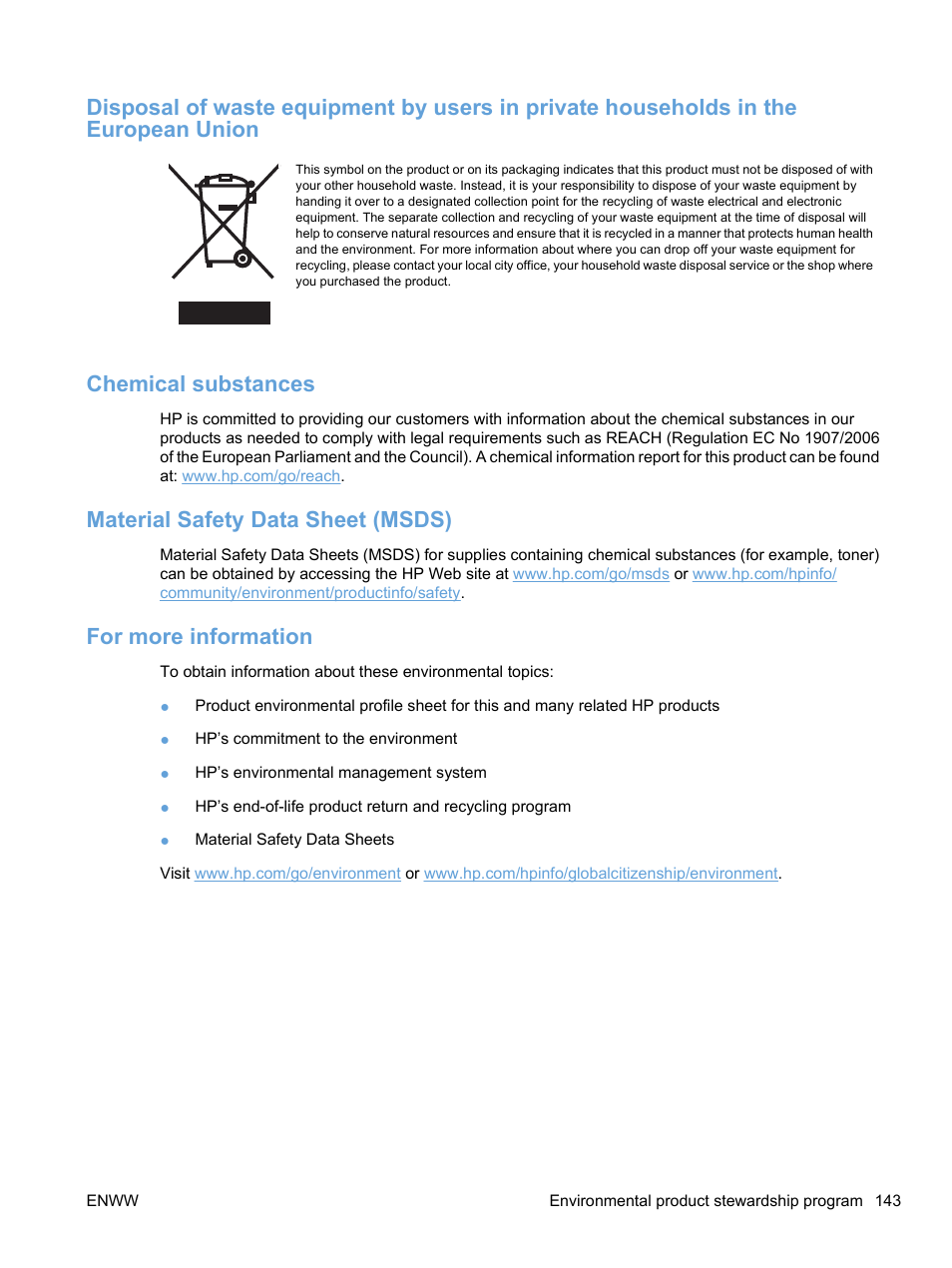 Chemical substances, Material safety data sheet (msds), For more information | HP Color LaserJet Professional CP5225 Printer series User Manual | Page 155 / 168