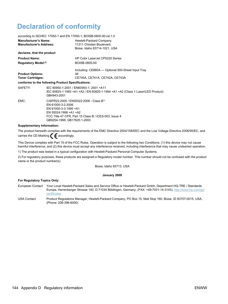 Declaration of conformity, 144 appendix d regulatory information enww | HP Color LaserJet Professional CP5225 Printer series User Manual | Page 156 / 168