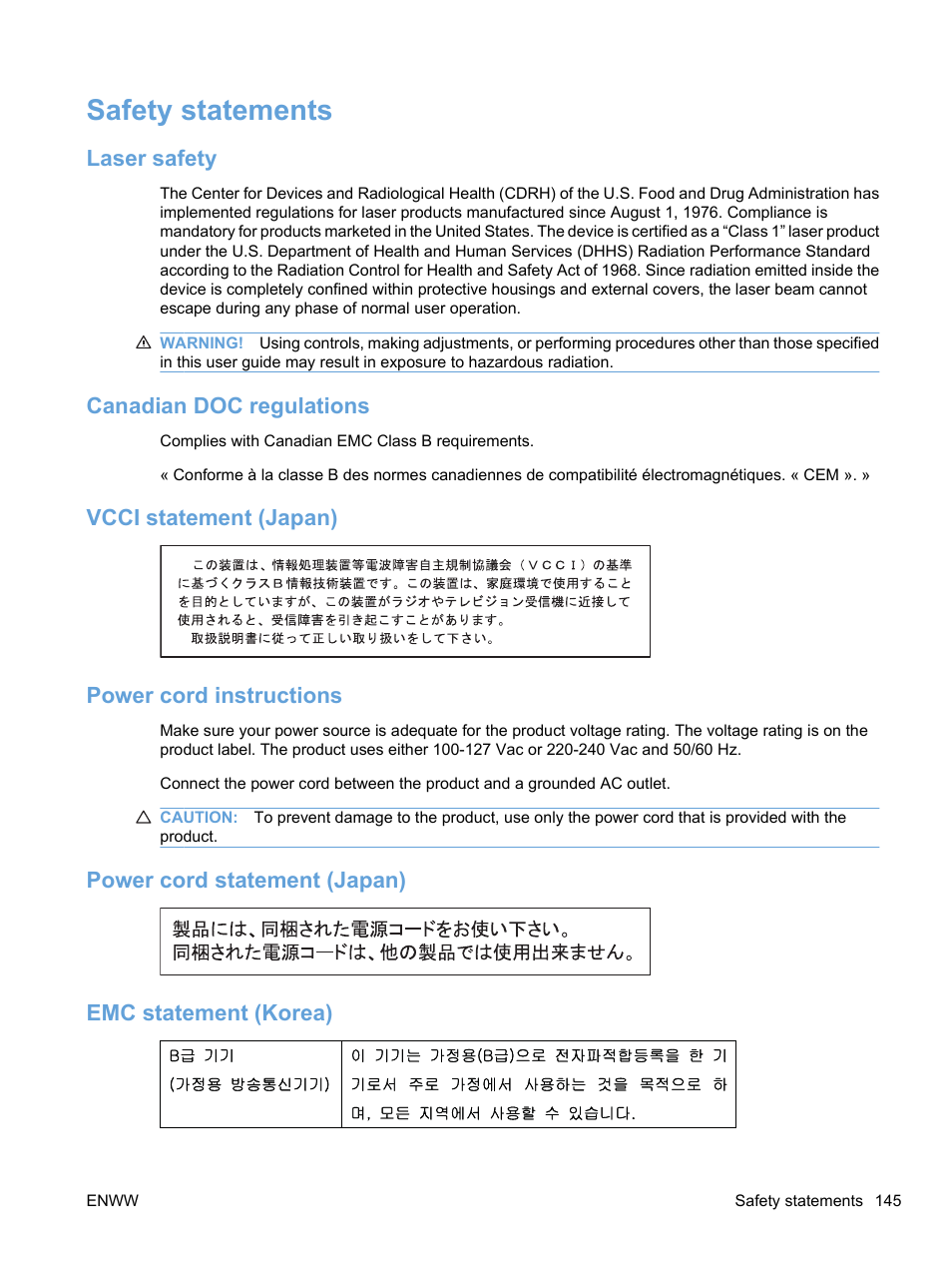 Safety statements, Laser safety, Canadian doc regulations | Vcci statement (japan), Power cord instructions, Power cord statement (japan), Emc statement (korea), Vcci statement (japan) power cord instructions, Power cord statement (japan) emc statement (korea) | HP Color LaserJet Professional CP5225 Printer series User Manual | Page 157 / 168