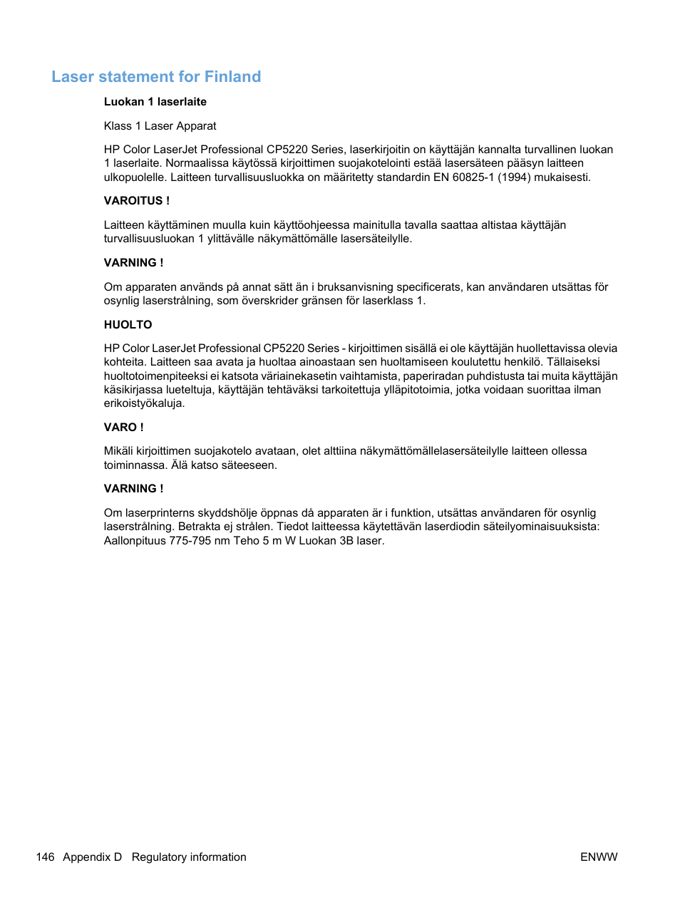 Laser statement for finland | HP Color LaserJet Professional CP5225 Printer series User Manual | Page 158 / 168