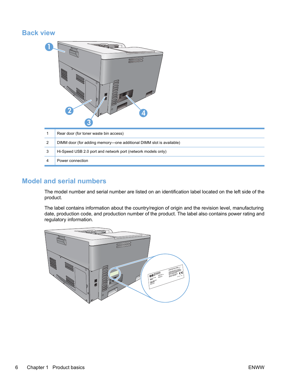 Back view, Model and serial numbers, Back view model and serial numbers | Back view 1 2 3 4 | HP Color LaserJet Professional CP5225 Printer series User Manual | Page 18 / 168