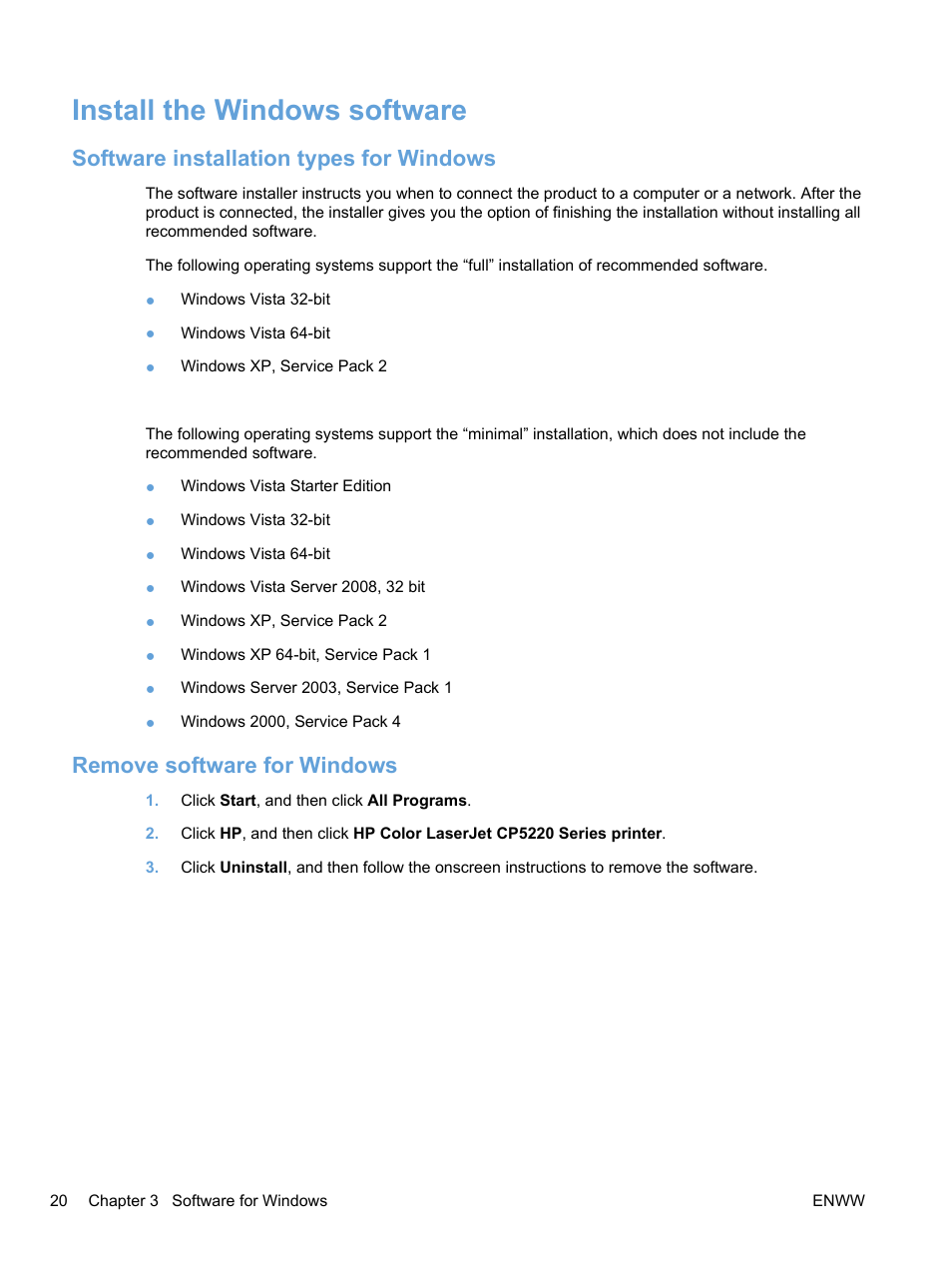 Install the windows software, Software installation types for windows, Remove software for windows | HP Color LaserJet Professional CP5225 Printer series User Manual | Page 32 / 168