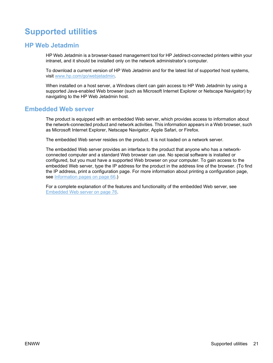 Supported utilities, Hp web jetadmin, Embedded web server | Hp web jetadmin embedded web server | HP Color LaserJet Professional CP5225 Printer series User Manual | Page 33 / 168