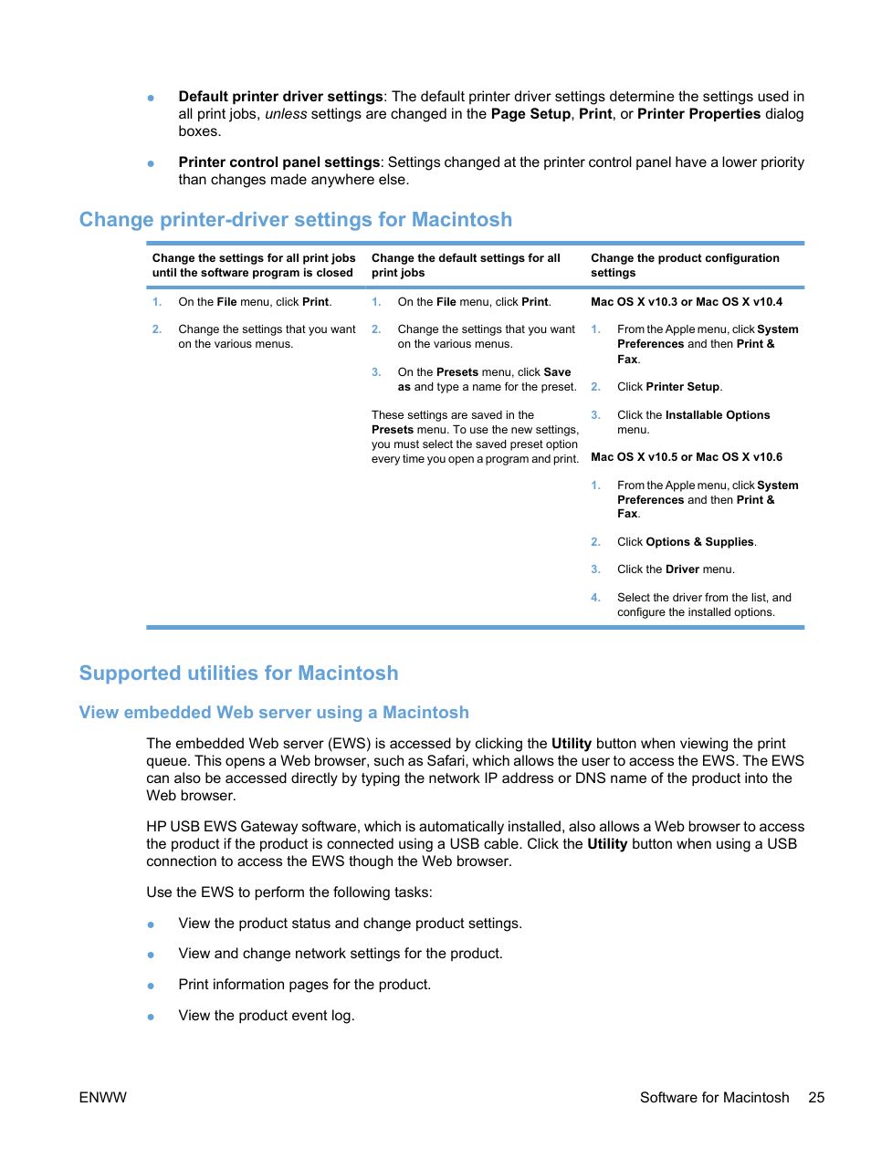 Change printer-driver settings for macintosh, Supported utilities for macintosh, View embedded web server using a macintosh | HP Color LaserJet Professional CP5225 Printer series User Manual | Page 37 / 168