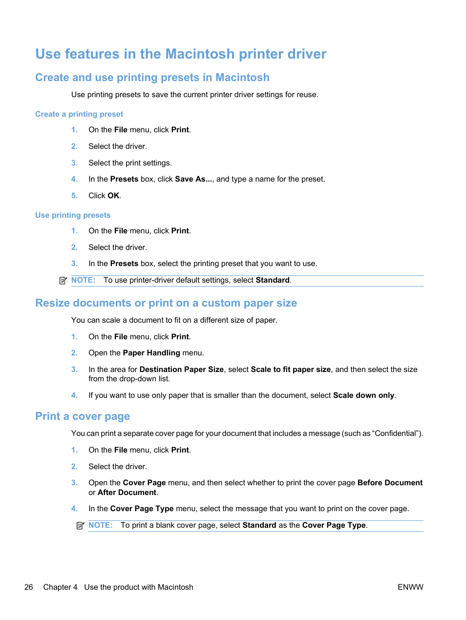 Use features in the macintosh printer driver, Create and use printing presets in macintosh, Resize documents or print on a custom paper size | Print a cover page | HP Color LaserJet Professional CP5225 Printer series User Manual | Page 38 / 168