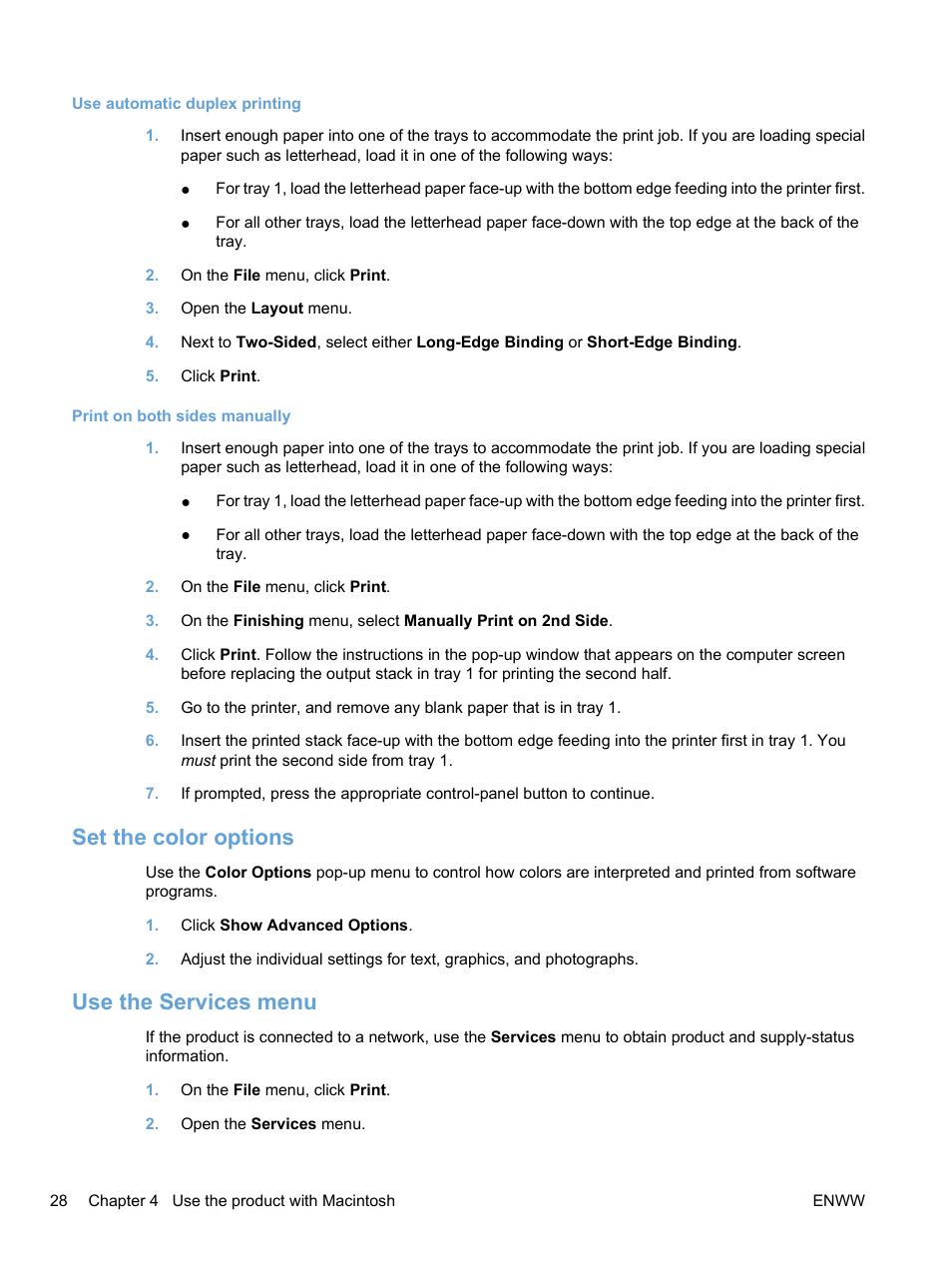 Set the color options, Use the services menu, Set the color options use the services menu | HP Color LaserJet Professional CP5225 Printer series User Manual | Page 40 / 168