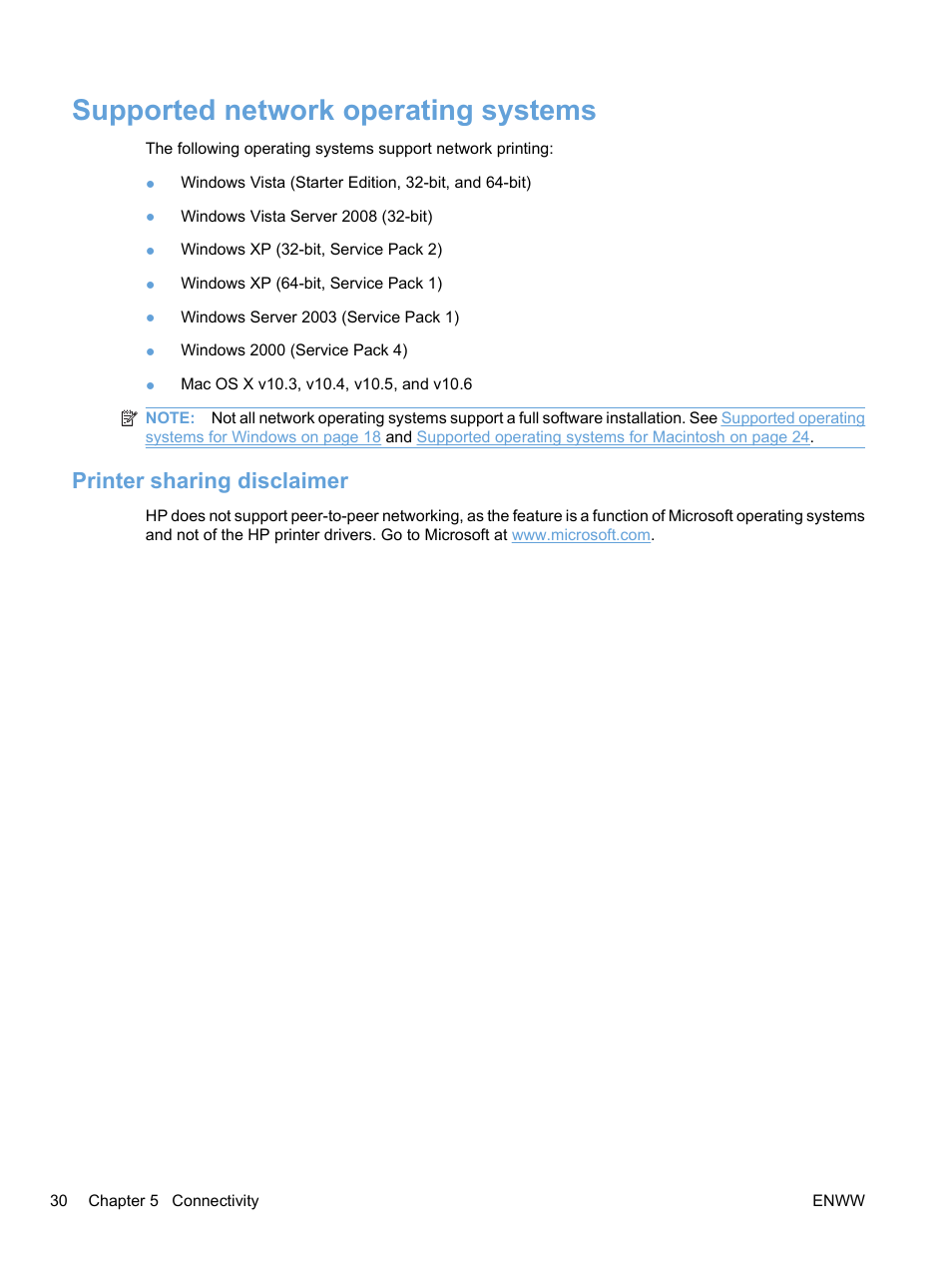 Supported network operating systems, Printer sharing disclaimer | HP Color LaserJet Professional CP5225 Printer series User Manual | Page 42 / 168